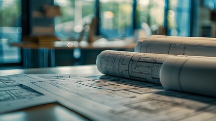 A stack of architectural blueprints and drawings on top, with rolled up paper rolls in the background.