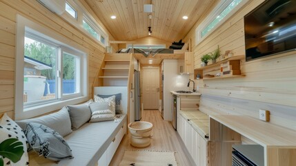 A compact,  energy-efficient tiny house with minimalist interior design