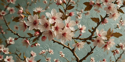 wallpaper depicting an embossed cherry blossom pattern. Set illustrating Japan