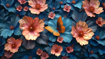 3D bright pink and blue flowers with a golden butterfly, detailed textures, high color contrast, vivid and dynamic composition