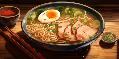 A steaming bowl of ramen with sliced pork, soft-boiled eggs, and fresh green onions, displayed on a rustic wooden table