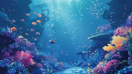 Underwater landscape. fish, algae and coral reefs are beautiful and colorful. background with sea vegetation and animals