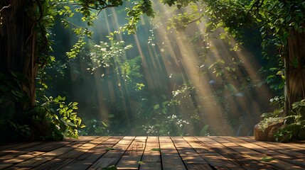 A stage with wood flooring, surrounded by a lush green forest and rays of sunlight shining through the trees, creating an enchanting atmosphere.