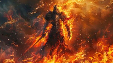 malevolent fantasy knight engulfed by raging fire and flames dramatic digital painting