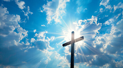 a cross among the clouds in the blue sky, creating a stunning view, Ai Generated Images