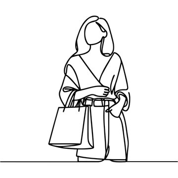recommend clip art: Continuous one line drawing of a woman holding paper bags after shopping