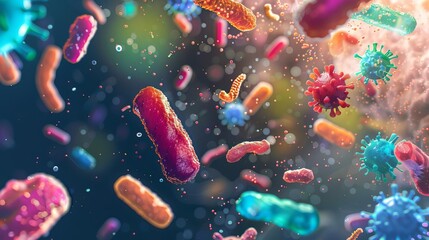 Fototapeta premium microscopic view of colorful virus cells and bacteria on abstract scientific background microbiology concept illustration