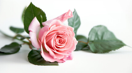 beautiful pink roses with fresh green leaves, placed on a pure white background, Ai Generated Images