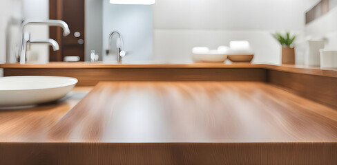 Wooden tabletop counter. out of focus bathroom. copy space
