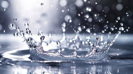 A close-up of crystal clear water droplets falling onto a smooth surface, each impact creating a unique, crown-like splash pattern, captured in a brightly lit, high-speed shot.