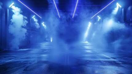 Naklejka premium moody empty street at night dark blue neon lights and spotlights asphalt floor and smokefilled studio