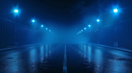 moody empty street at night dark blue neon lights and spotlights asphalt floor and smokefilled studio