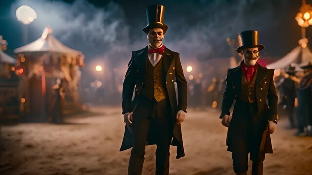 Scary Halloween Clowns Standing in Dirt Field Generative AI