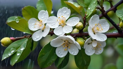 Closeup white flowers with droplets of water on them. Blossom quince branch on rain