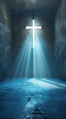 Universal abstract gray blue background with beautiful lighting rays. Cross is glowing, light interior wall for display, religion culture, faith, Jesus, hope, light, 4k HD wallpaper, background, gener