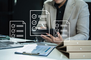 Online business contract Electronic signature, e-signing, digital document management, paperless office , working touch screen tablet.