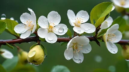 Closeup white flowers with droplets of water on them. Blossom quince branch on rain