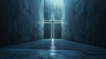 Universal abstract gray blue background with beautiful lighting rays. Cross is glowing, light interior wall for display, religion culture, faith, Jesus, hope, light, 4k HD wallpaper, background, gener