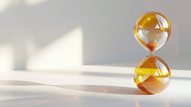 Golden Hourglass with Flowing Sand on White Table Modern Minimalist Background