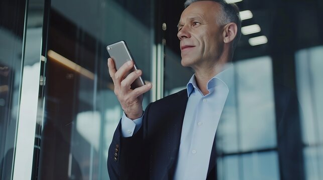 Happy mature business man ceo standing in office talking on cell phone Middle aged businessman professional executive manager holding smartphone making corporate call communicating wit : Generative AI