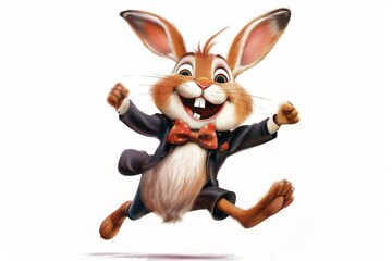 A lively rabbit dressed in a sophisticated suit and a playful bowtie, leaping with a contagious smile. The illustration showcases the rabbit's jubilant spirit against a pure white backdrop.