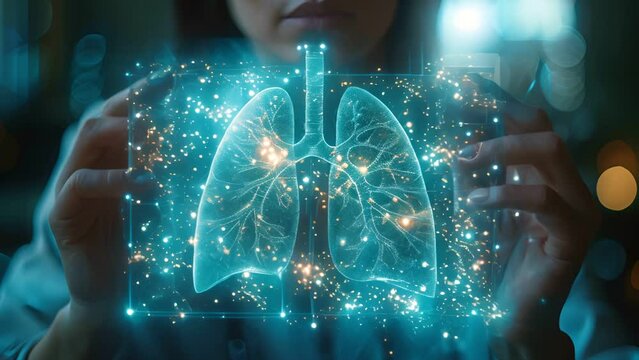 A scientist holds a glowing digital model of human lungs, representing medical research and innovation.