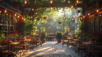 Outdoor Cafe: Picture an outdoor cafe in the city. Use light and shadow to create a relaxing and bright atmosphere.