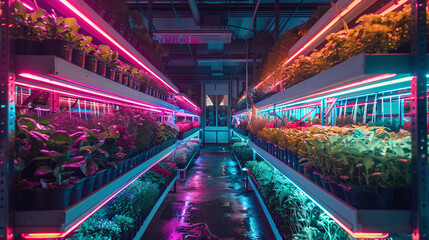 Indoor Hydroponic Plant Grow Room with Vibrant LED Lighting Reflecting on Wet Floor at Night