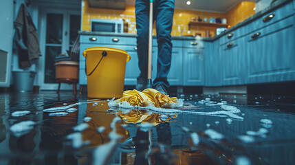 Person Mopping Wet Kitchen Floor with Yellow Bucket and Blue Cabinets in Brightly Lit Room