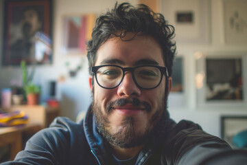 Realistic phone selfie made by a young man wearing glasses at home without filters