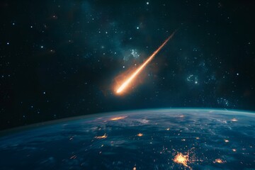Dramatic shot of a meteor glowing as it enters Earth's atmosphere,