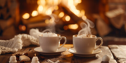 Cozy winter night hot coffee wood fire and sweet dessert generated by AI
