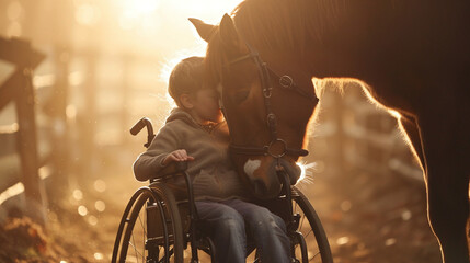 Child in Wheelchair Embracing Horse in Sunlit Barn Loving Moment of Compassion and Healing