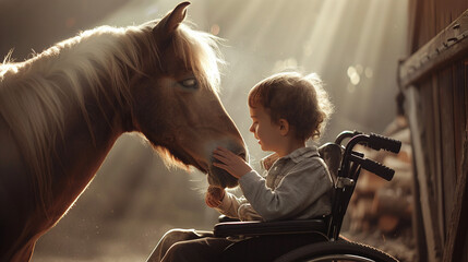Child in wheelchair bonding with brown horse in sunlit barn showing love and connection