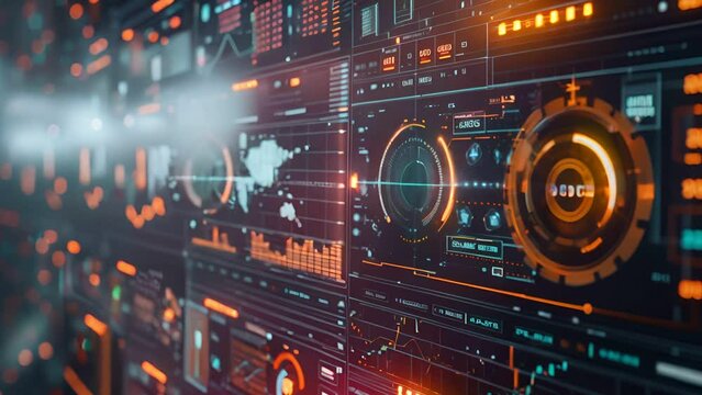 Abstract digital interface with glowing data visualizations and a world map. Futuristic technology concept.