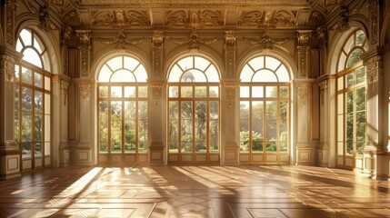 opulent golden ballroom with large windows and detailed neoclassical architecture palace interior