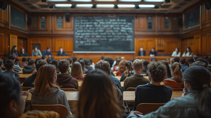 University Lecture Hall with Students Listening to Speaker in Wooden Paneled Room with Chalkboard
