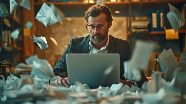 A businessman is overwhelmed with paperwork at his desk, surrounded by flying papers while working on his laptop.