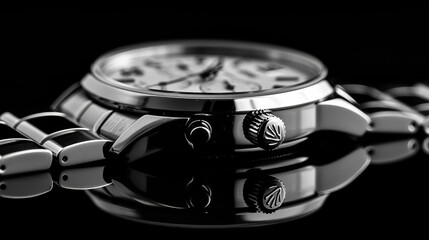 Sharp close-up of silver wristwatch on black background, no shadow, realistic and clear, Created with Generative AI.
