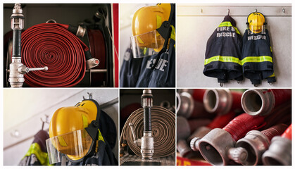 Fire station, collage or empty room with equipment for safety, service or firefighter preparation or process. Industry, department or gear composite for water, firefighting or workstation with no one