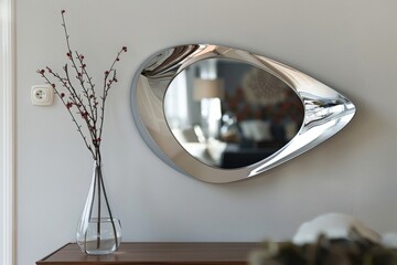 A contemporary wall mirror with a frameless design and asymmetrical shape, creating a statement piece in an entryway or hallway