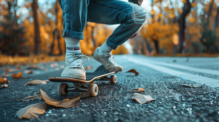 Obraz premium Teenager Skateboarding on Leaf Covered Autumn Road with Vibrant Orange Trees and Blue Jeans