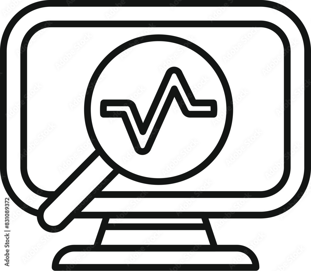 Poster line art icon of a magnifying glass scanning a computer screen with pulse graph, indicating data ana