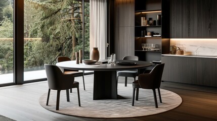 A round dining table with an extendable leaf, offering flexibility for intimate dinners or large family meals. 