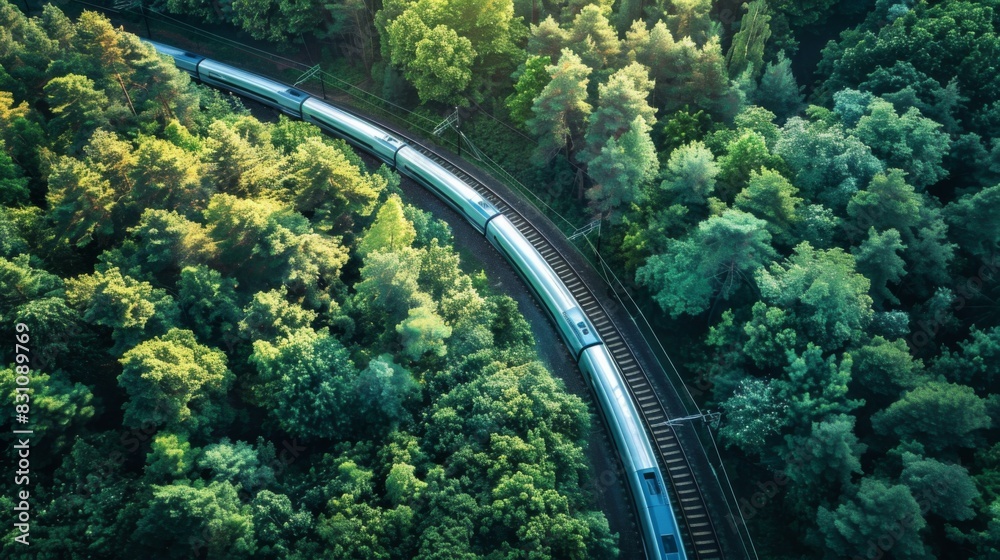 Aufkleber aerial view of a high-speed train curving through a dense forest, highlighting the harmony between a