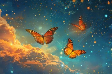 a couple of orange butterflies flying through a sky filled with lots of stars on a blue and yellow background with stars in the sky