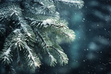 Close-up of snow-covered pine branches in a winter forest with gentle snowfall, creating a serene and tranquil seasonal atmosphere.
