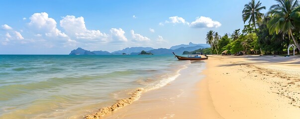 Obraz premium Clear sky landscapes at tropical summer beach with golden sand and palm trees