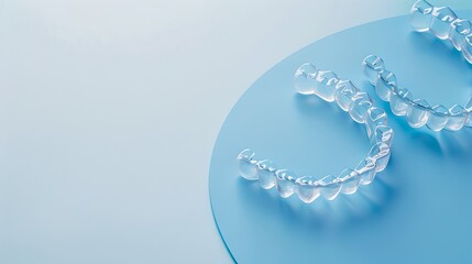 Clear dental aligners on a blue surface. Modern orthodontic treatment concept. High-quality professional image for medical and dentistry purposes. Created with digital techniques. AI