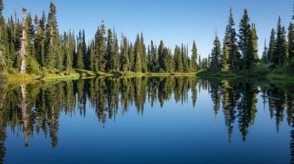 Obraz premium A serene lake reflected the towering pine trees in the background, their still waters creating a perfect mirror image and enhancing the natural beauty.